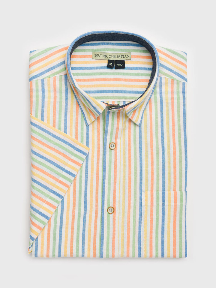Men's Striped Short Sleeve Linen and Cotton Shirt Flat