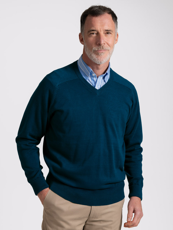 Men's Navy Cotton V Neck Jumper on model