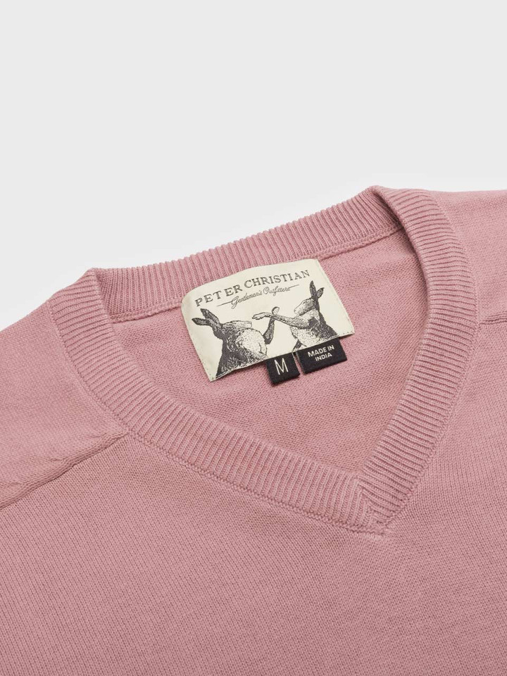 Men's Pink Cotton V Neck Jumper Collar