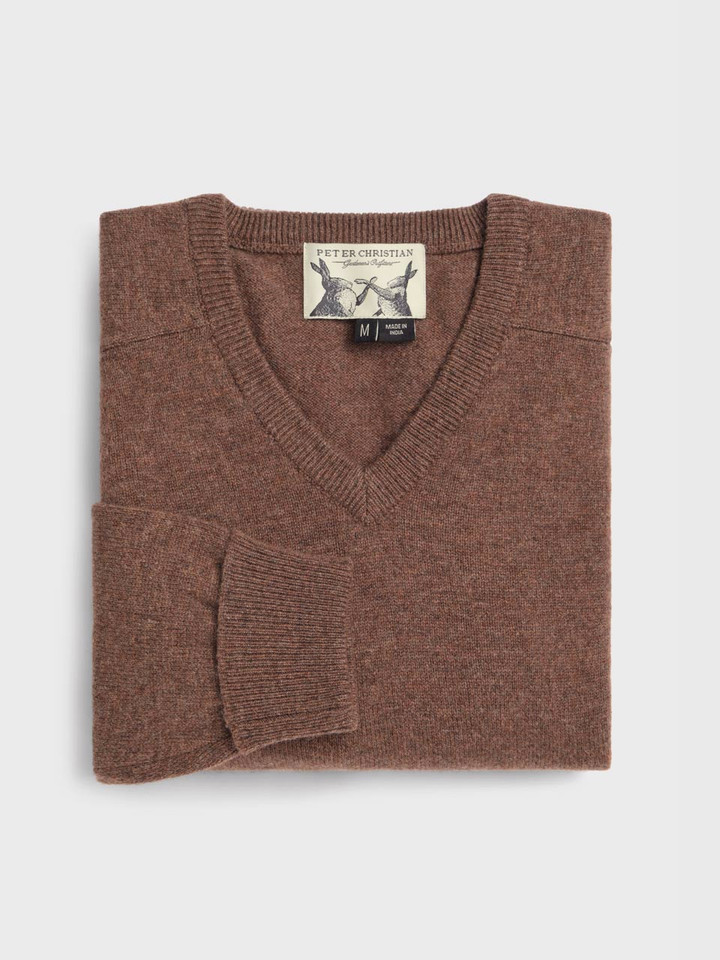 Walnut Lambswool V Neck Jumper