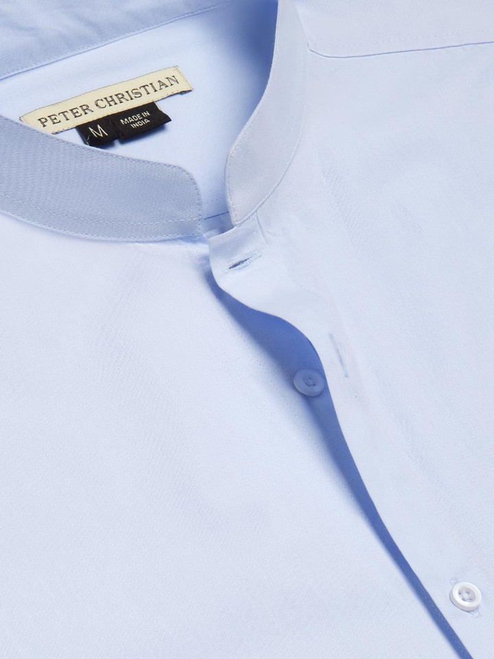 Collar of Blue Nehru Double Cuff Shirt