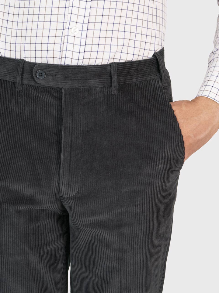Mens Charcoal Tapered Corduroy Trousers Front Detail