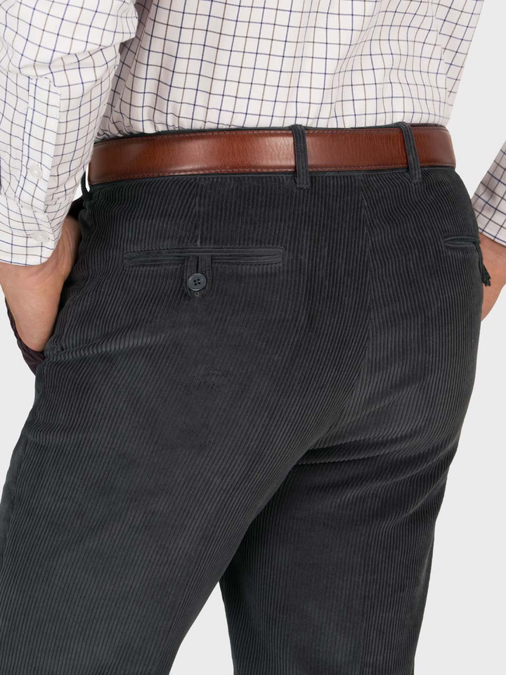 Mens Charcoal Tapered Corduroy Trousers Back Pocket Detail