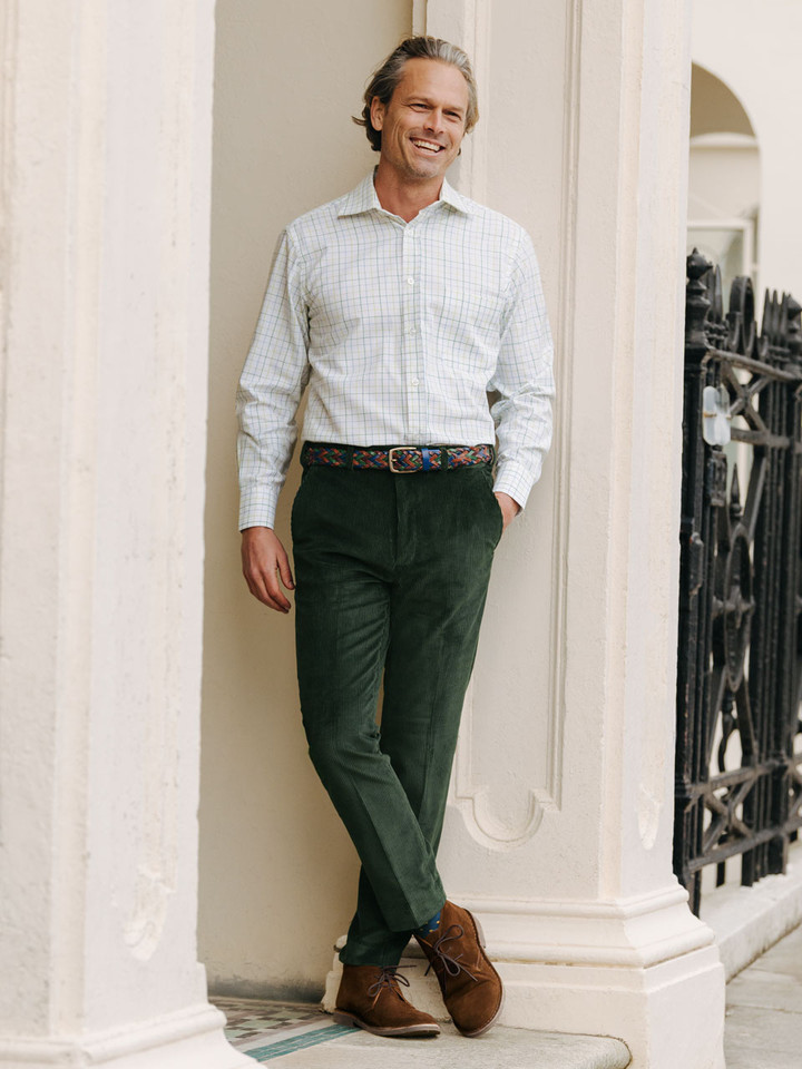 Mens Pine Tapered Corduroy Trousers On Model