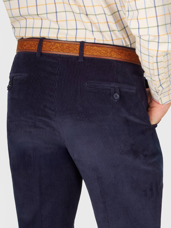 Mens Navy Tapered Corduroy Trousers Back Pocket Detail