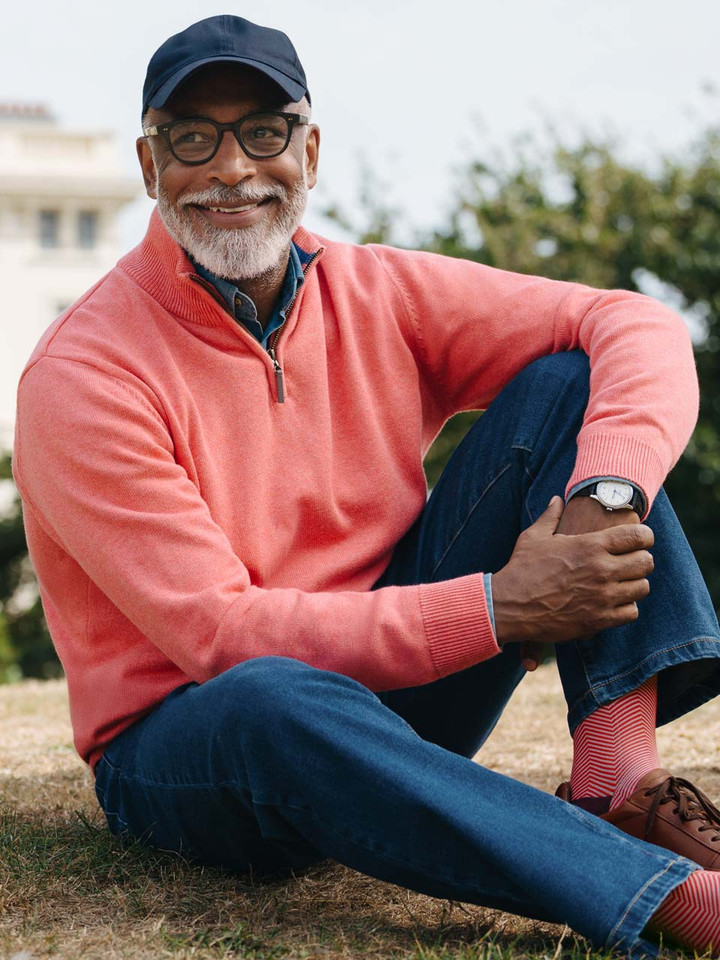 Mens Coral Pink Quarter Zip Jumper On Model