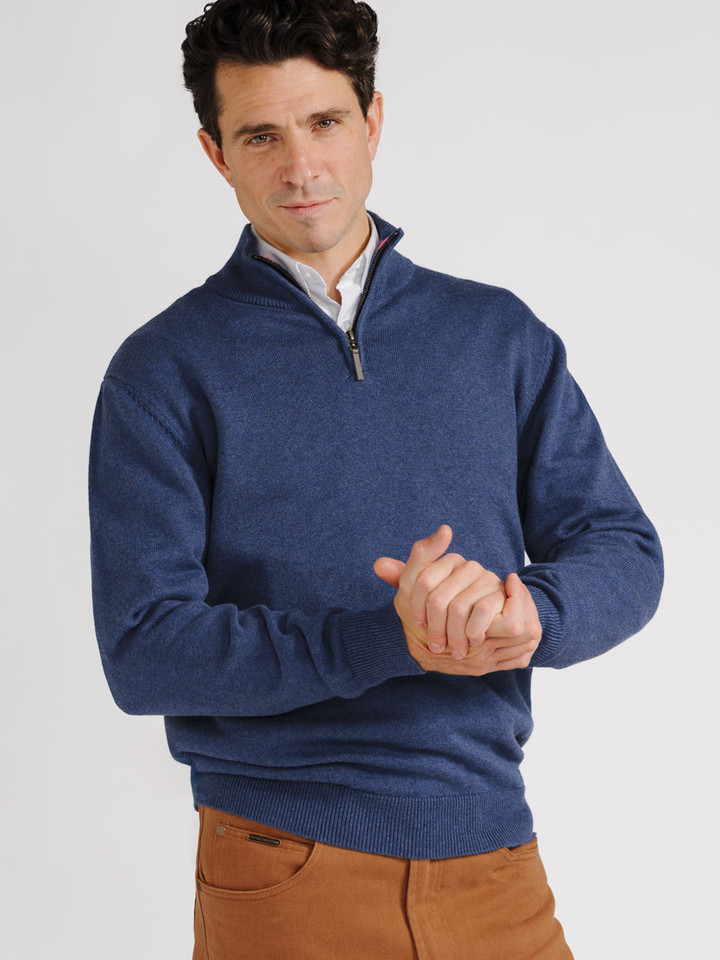Model wears Blue Cotton Quarter Zip Jumper