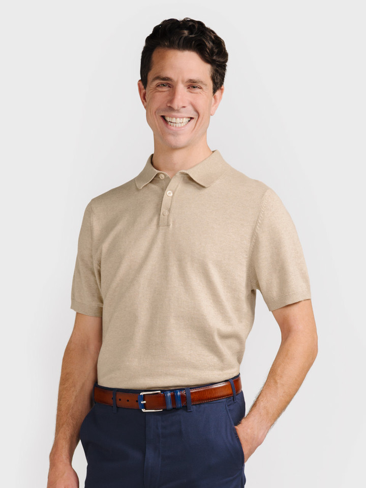 Mens Stone Knitted Polo Shirt on Model