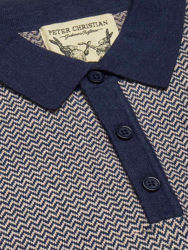 Mens Navy & Stone Knitted Polo Shirt Collar Closeup