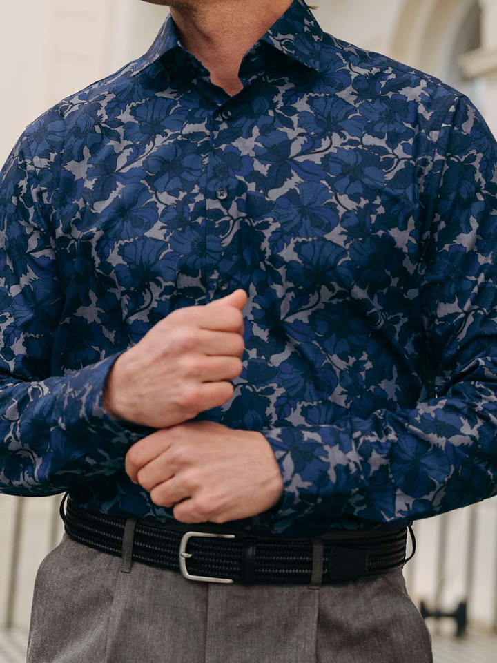 Blue Floral Seidensticker Shirt On Model Detail