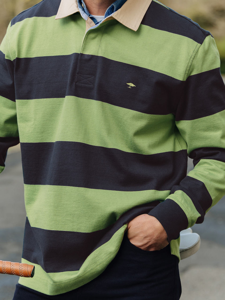 Mens Navy and Green Rugby Shirt Close Up