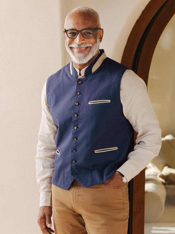 Mens Navy Canvas Waistcoat On Model