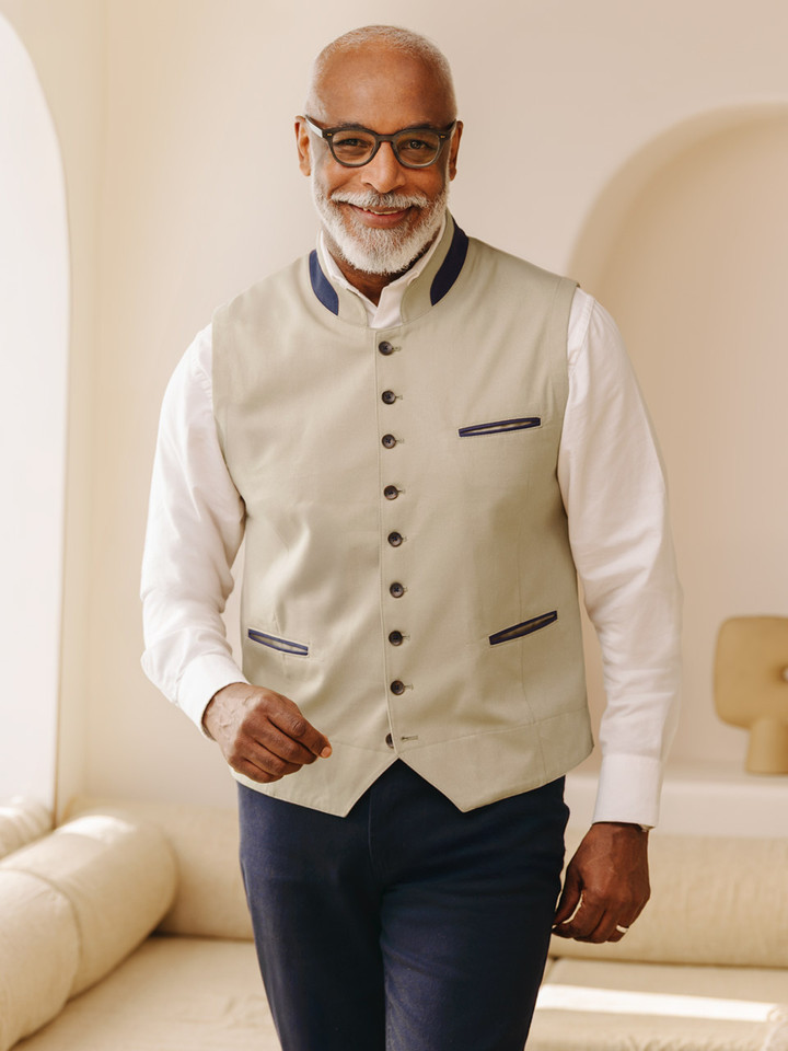 Mens Sand Cotton Canvas Waistcoat Model