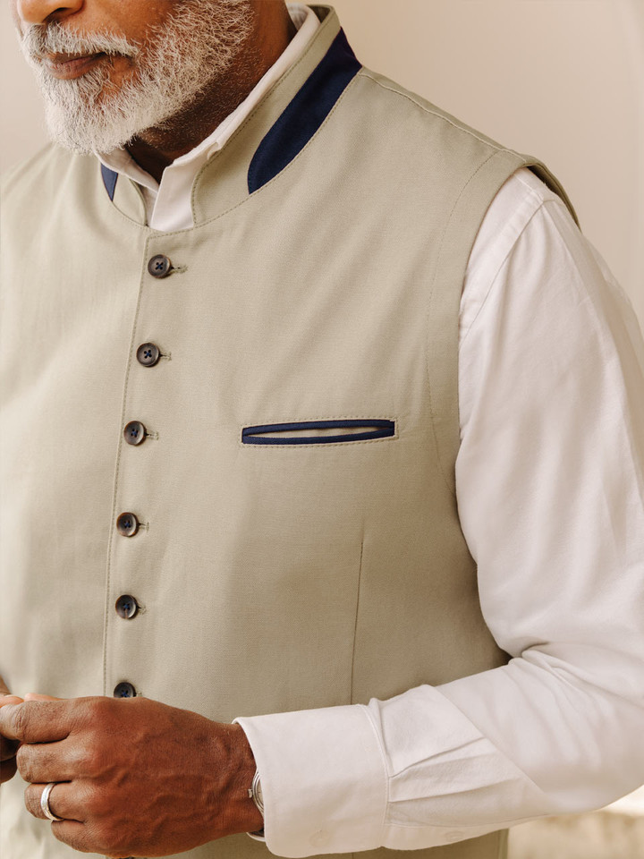 Mens Sand Cotton Canvas Waistcoat Model Detail