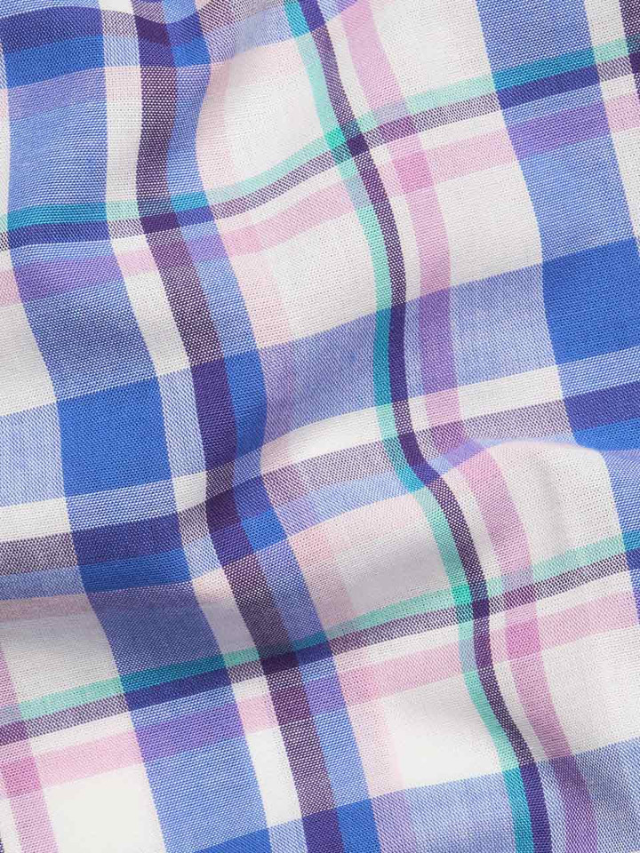 Mens Blue & Pink Short Sleeve Check Shirt Collar Fabric Closeup
