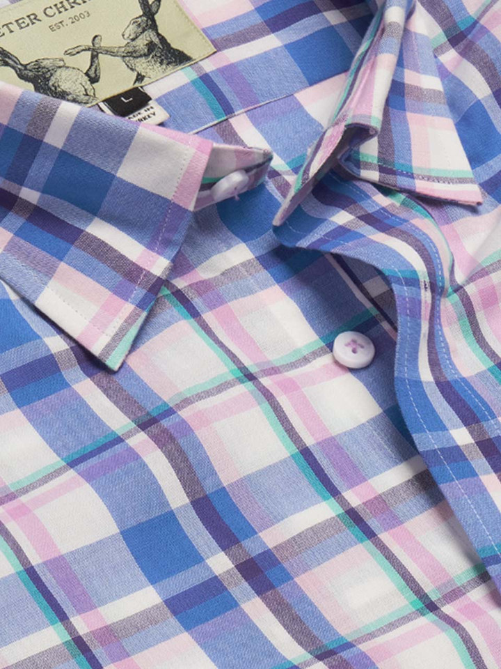 Mens Blue & Pink Short Sleeve Check Shirt Collar Closeup