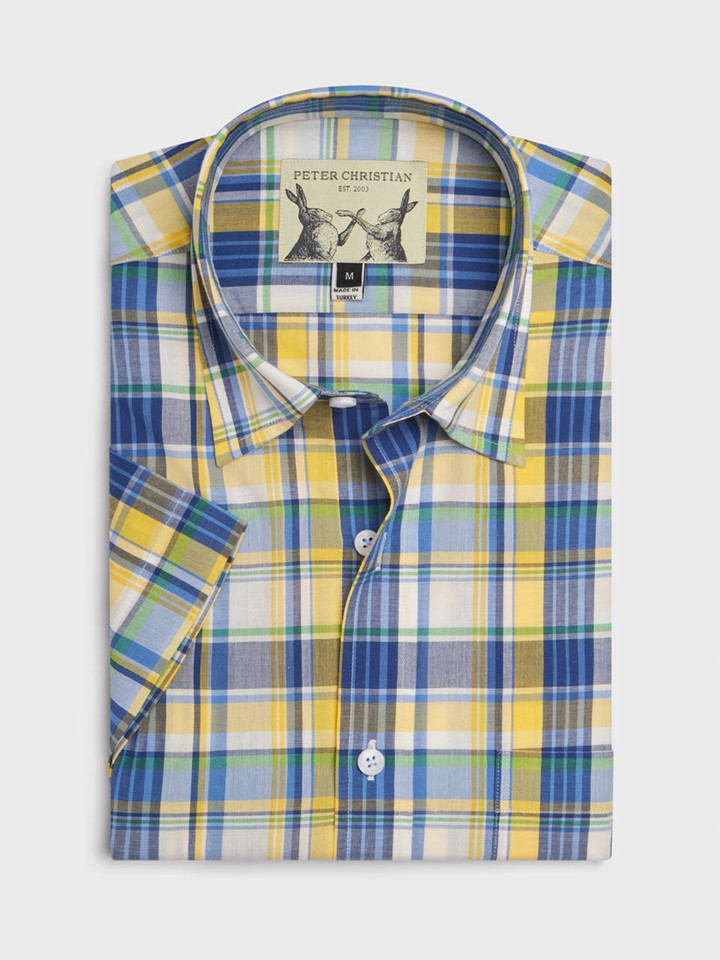 Mens Blue & Gold Short Sleeve Cotton Check Shirt Folded