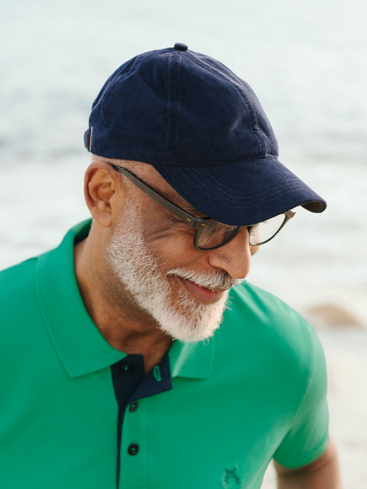 Mens Navy Blue Corduroy Baseball Cap on Model