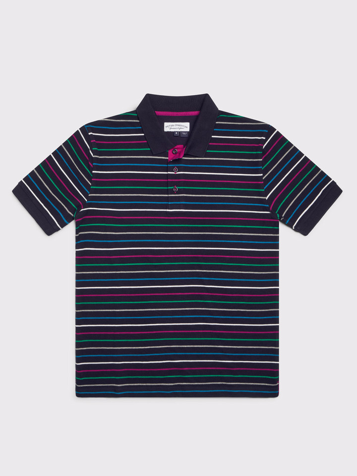 Mens Navy Striped Polo Shirt Flat