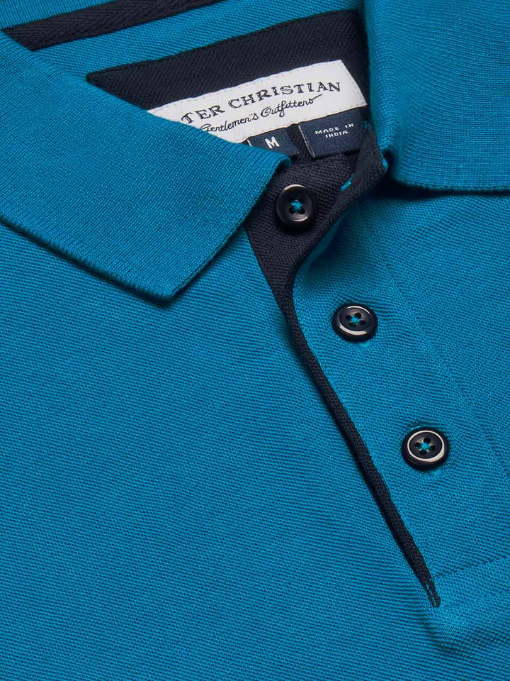 Mens Azure Blue Polo Shirt Collar Closeup