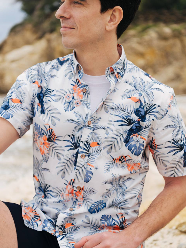 Mens White Floral Hawaiian Shirt on Model close up