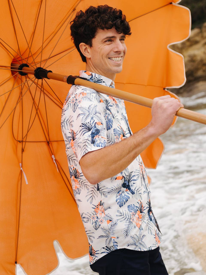 Mens White Floral Hawaiian Shirt on Model