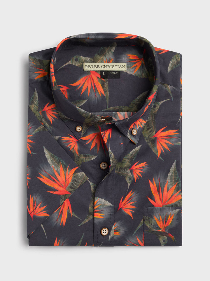 Mens Navy Hummingbird Floral Hawaiian Shirt Folded