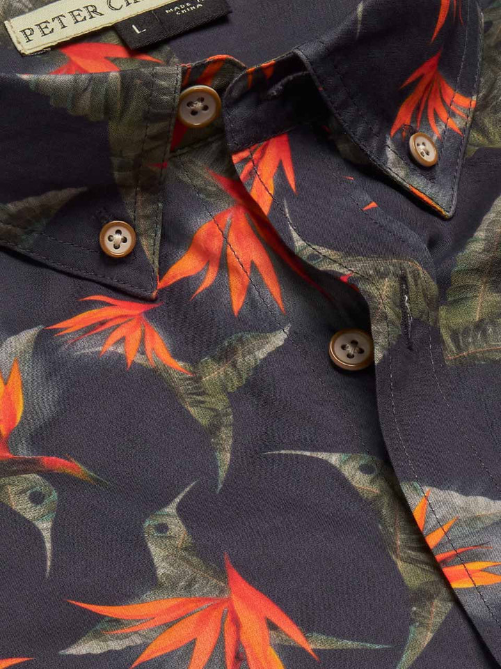 Navy Hummingbird Floral Hawaiian Shirt Collar Closeup