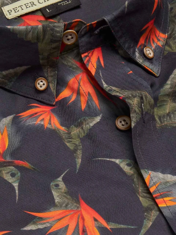 Navy Hummingbird Floral Hawaiian Shirt Collar Closeup