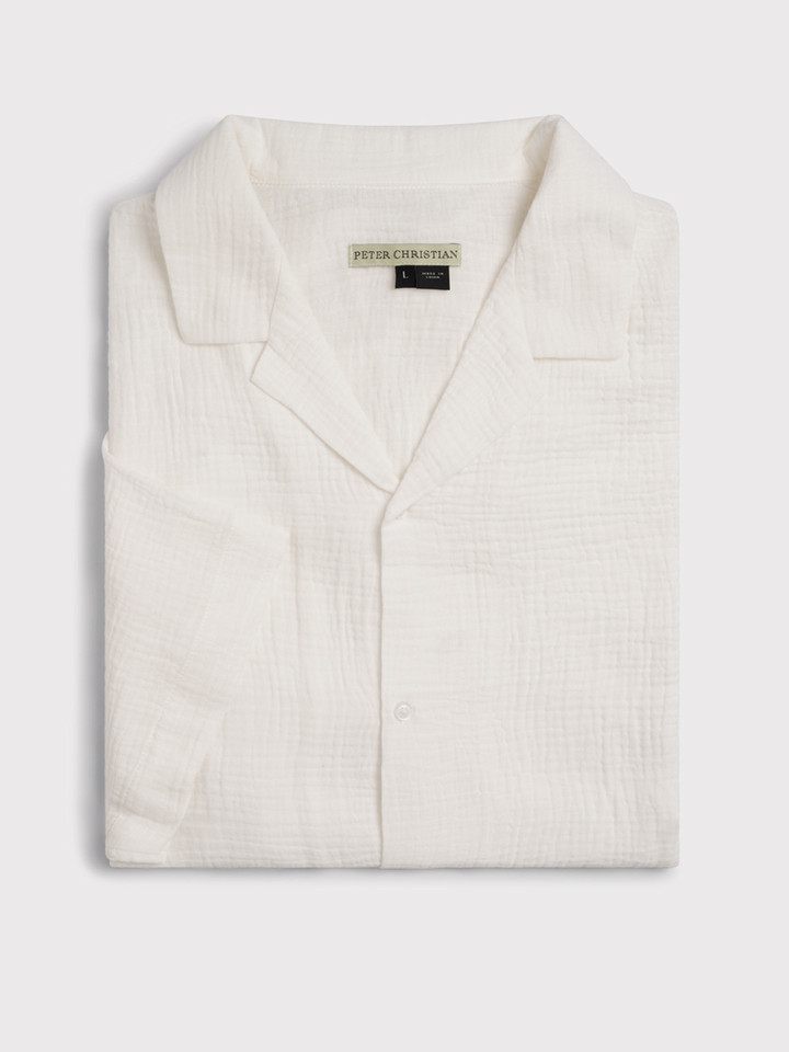 Mens White Textured Cotton Revere Collar Shirt Folded