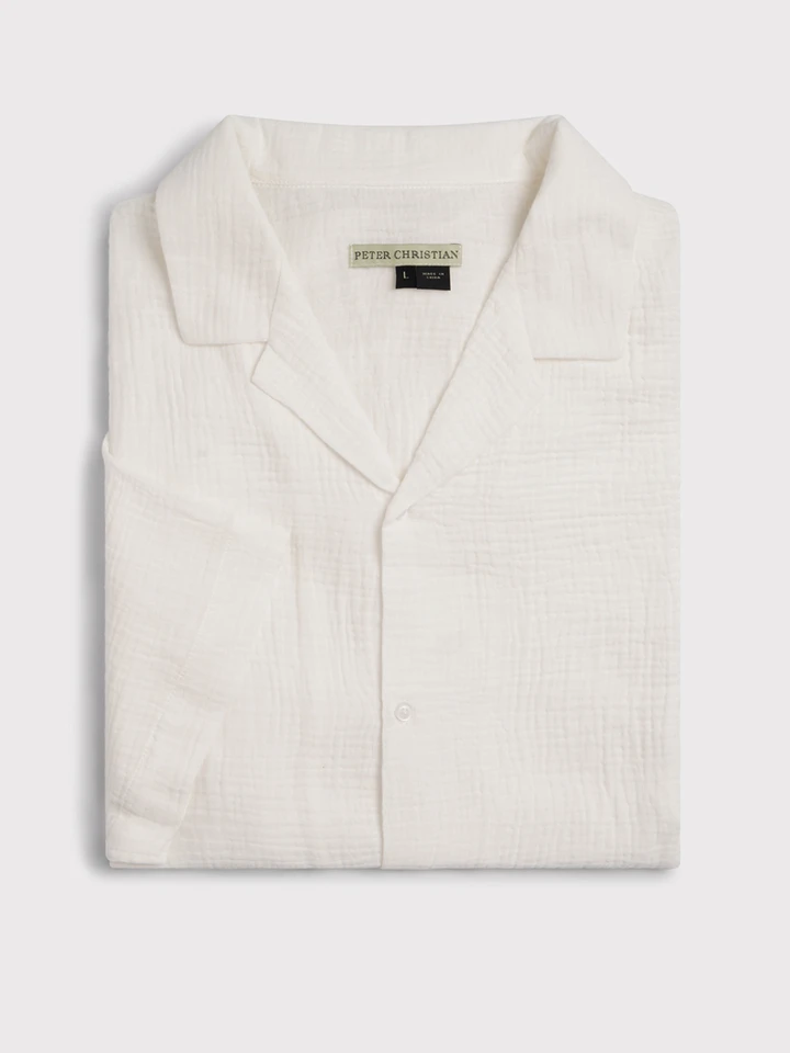 Mens White Textured Cotton Revere Collar Shirt Folded