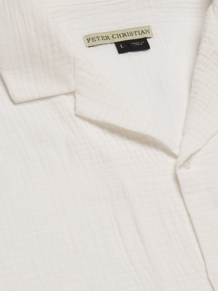 Mens White Textured Cotton Revere Collar Shirt Collar Angled