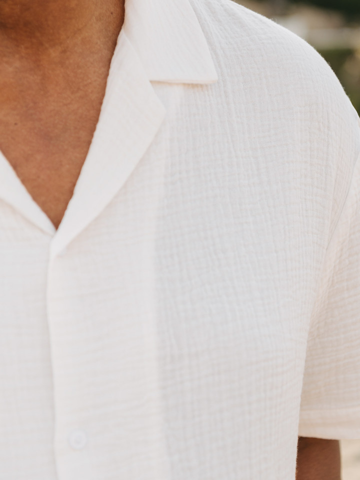 Mens White Textured Cotton Revere Collar Shirt on Model Collar