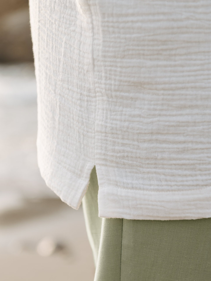 Mens White Textured Cotton Revere Collar Shirt on Model Gusset