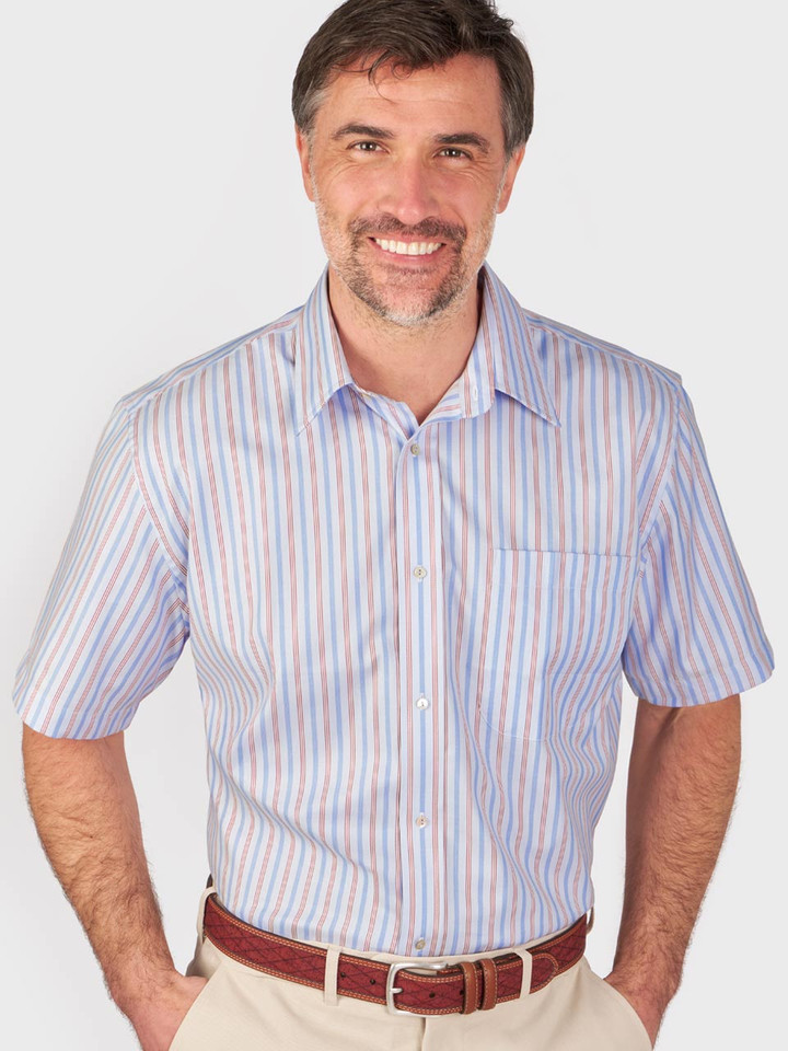 Mens Blue and Claret Egyptian Cotton Short Sleeve Shirt On Model