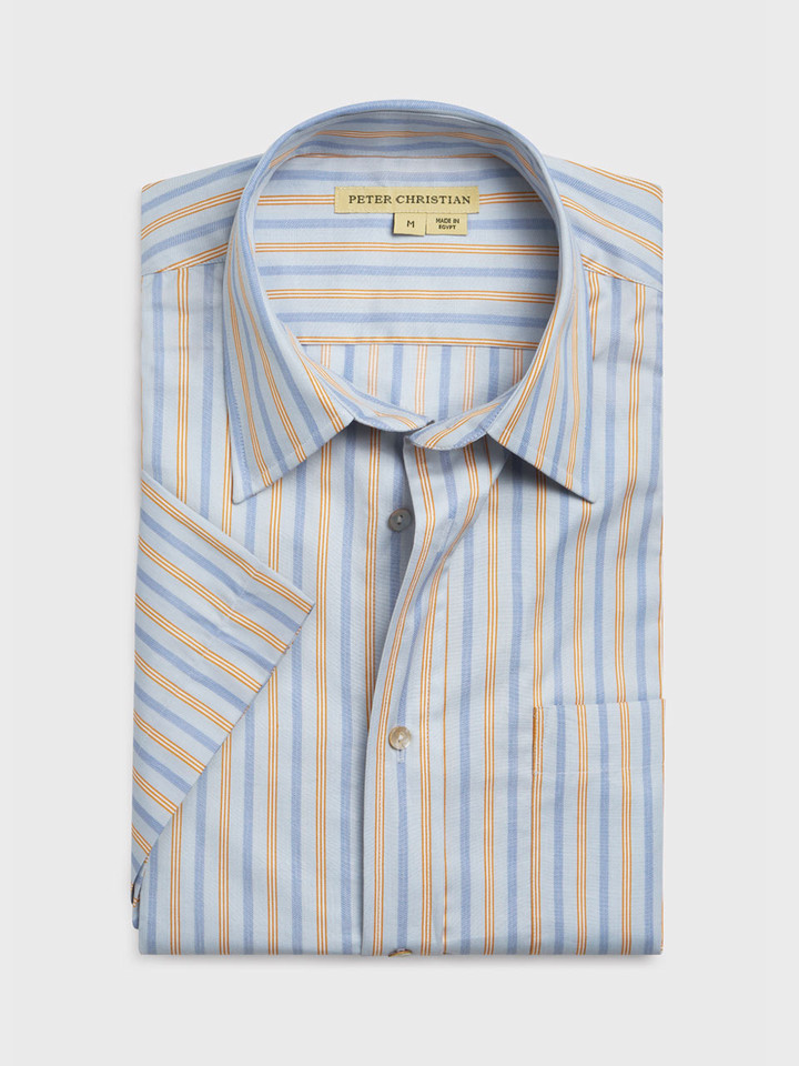 Mens Blue and Gold Egyptian Cotton Short Sleeve Shirt