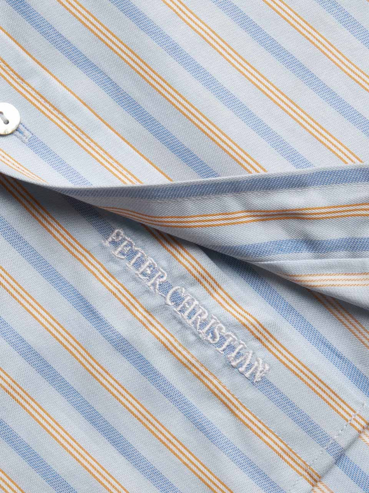 Placket embroidery on mens Blue and Gold Egyptian Cotton Short Sleeve Shirt