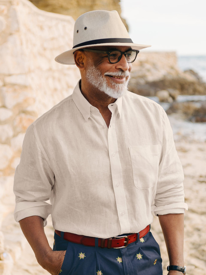 Natural Linen Long Sleeve Shirt Model Close Up