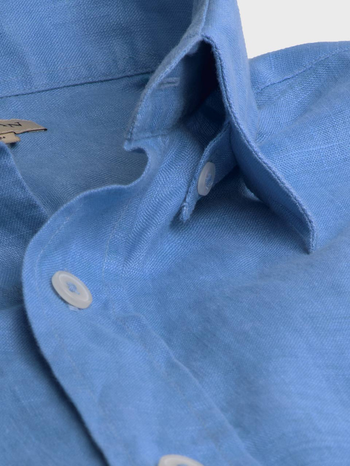 Mens Blue Linen Long Sleeve Shirt Collar Hidden Button Down