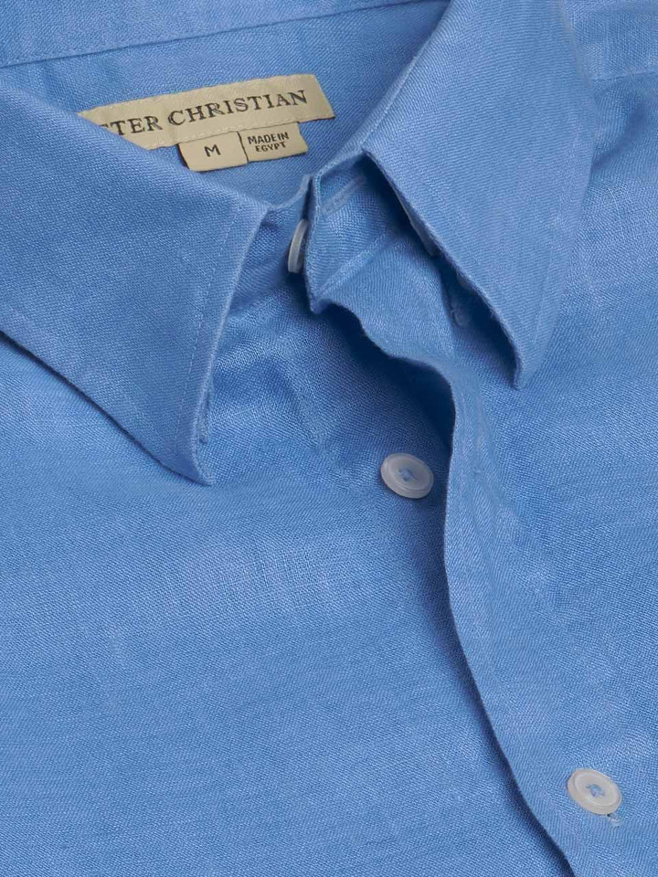 Mens Blue Linen Long Sleeve Shirt Collar
