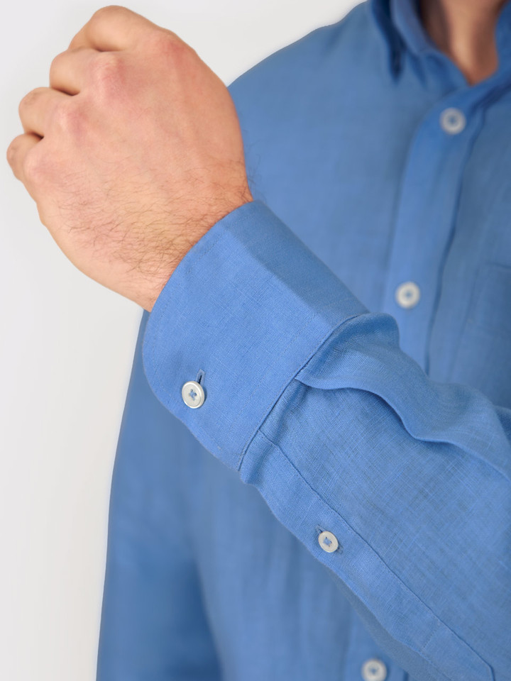 Mens Blue Linen Long Sleeve Shirt Cuff Detail on Model
