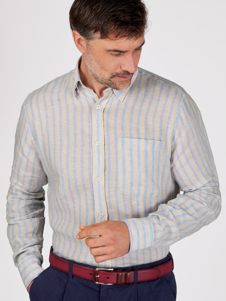 Blue-Natural Stripe Linen Long Sleeve Shirt Model