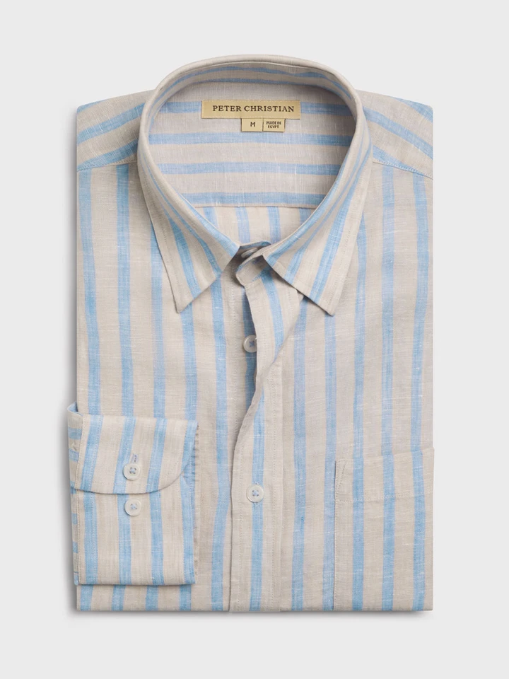 Blue-Natural Stripe Linen Long Sleeve Shirt Folded