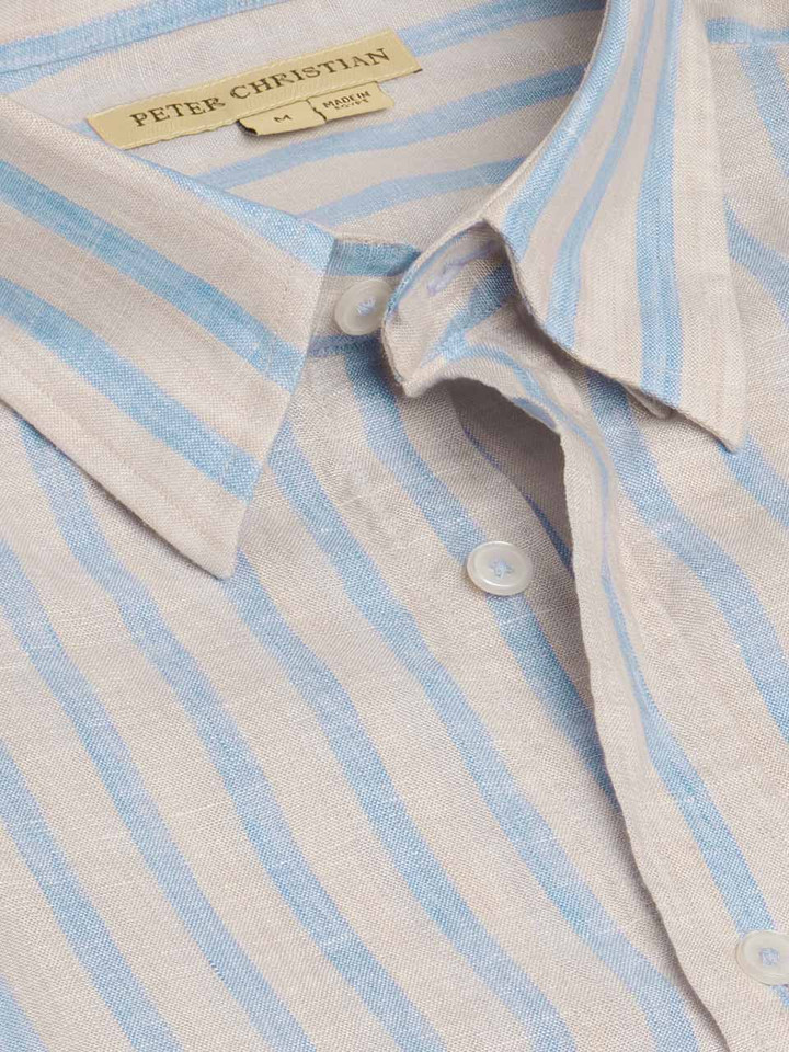 Blue-Natural Stripe Linen Short Sleeve Shirt Collar