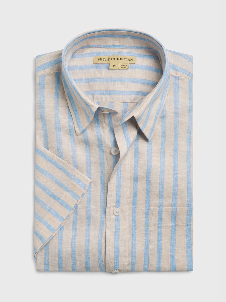 Blue-Natural Stripe Linen Short Sleeve Shirt Folded