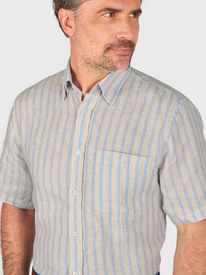 Blue-Natural Stripe Linen Short Sleeve Shirt on Model