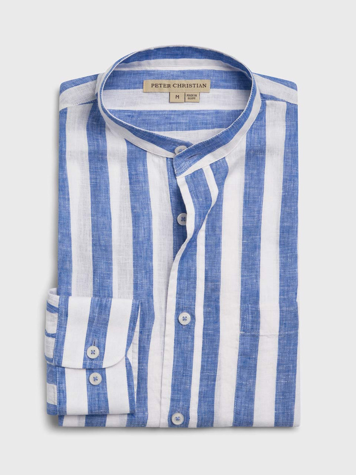 Blue & White Stripe Linen Nehru Shirt