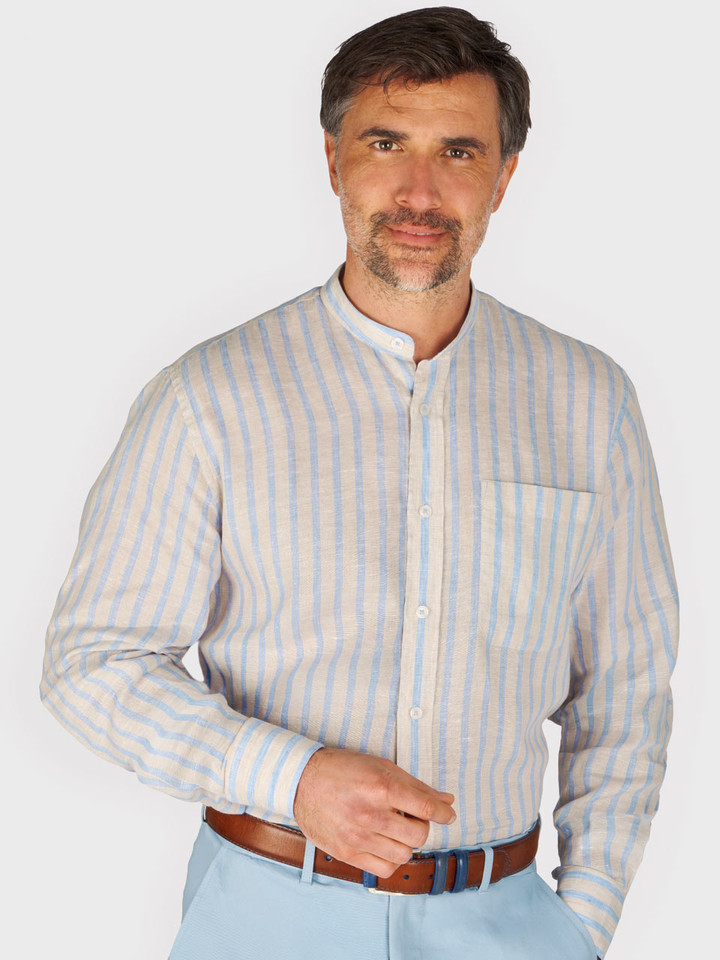 Model wears Blue and Natural Stripe Nehru Shirt