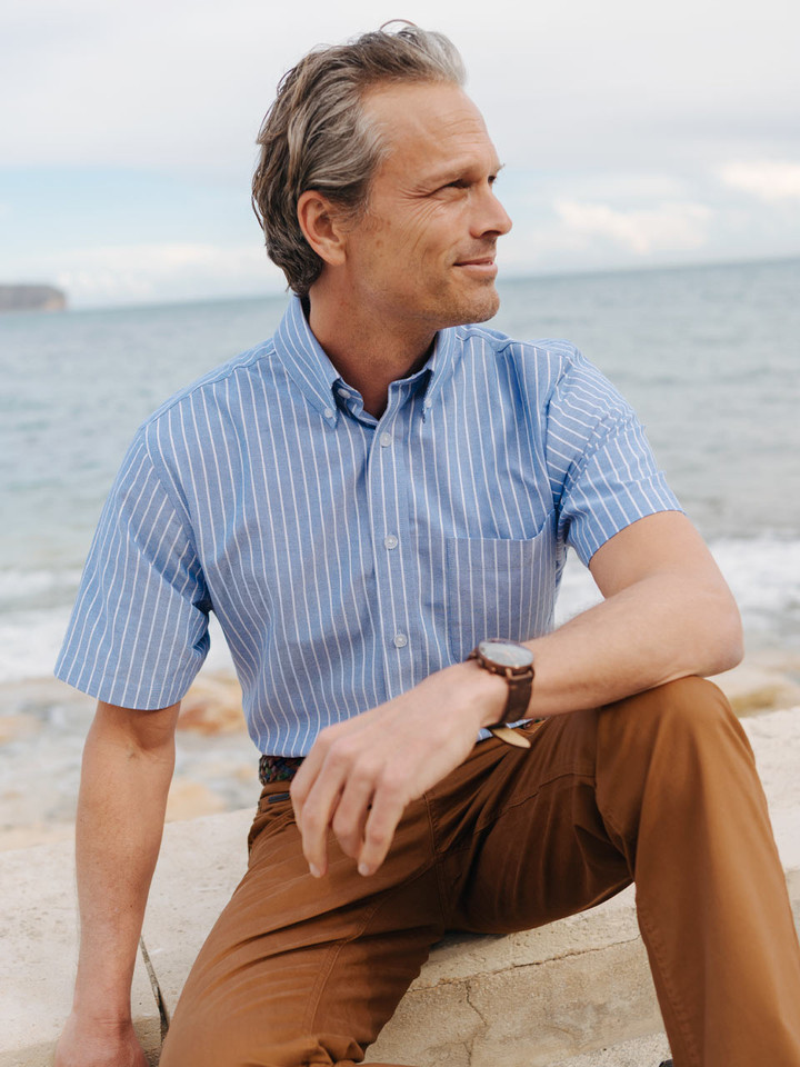 Blue & White Stripe Short Sleeve Button Down Oxford Shirt