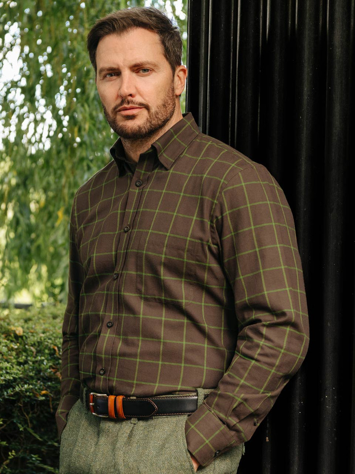 Mens Walnut Window Pane Check Shirt on Model